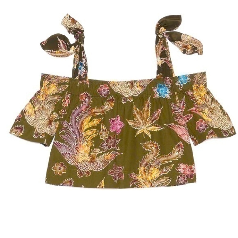 SANDRO Green Jungle Print Off Shoulder Crop Top blouse shirt 2 Barely Preloved